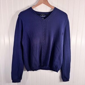 VTG Chelsea Campbell 90’s 100% Cotton Vneck Navy Blue Cable Knit Sweater Size L